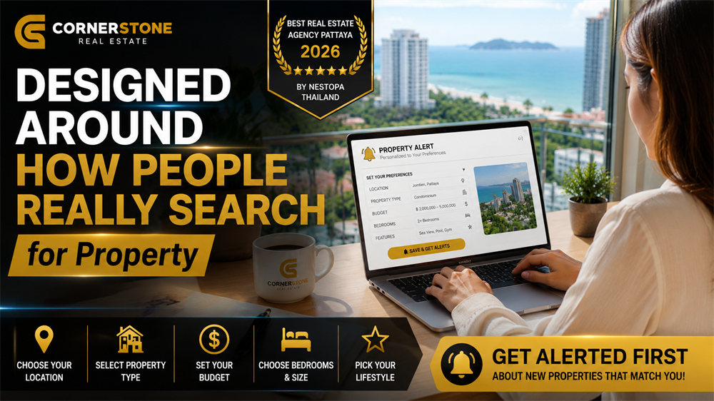 A prospective buyer specifying search preferences such as location, budget, and property type on a laptop, illustrating personalized property alerts in Pattaya. 